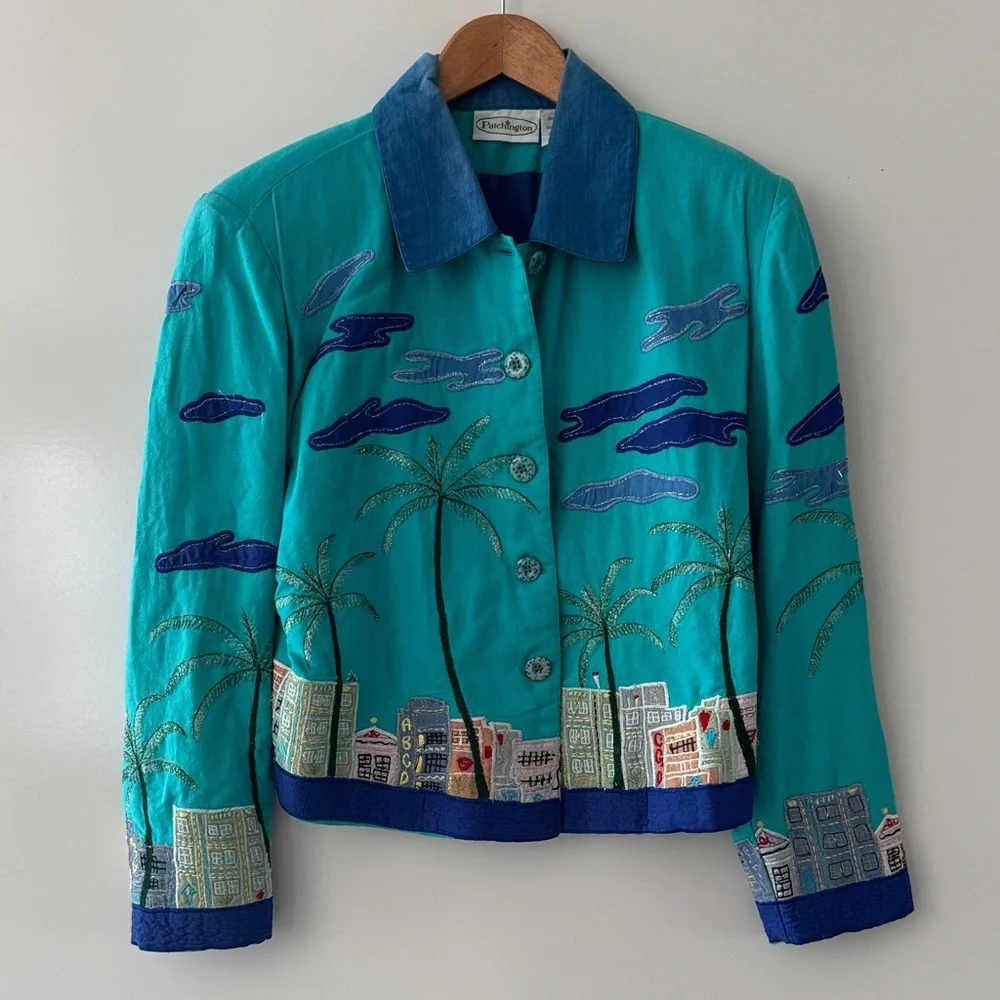 Vintage Patchington Palm Tree Blazer Womens Small Cityscape Jacket Y2K Cotton - Picture 2 of 13